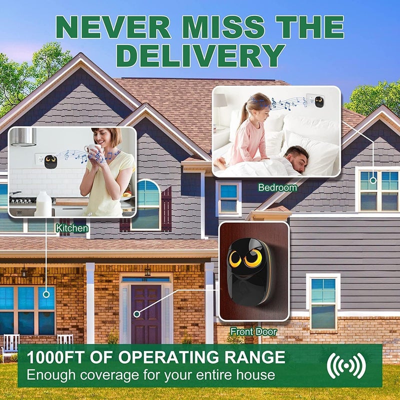 HTZSAFE Wireless Doorbell, Cute Owl Doorbell Weatherproof IP55 Outdoor Remote Push Button- 1000 feet Long Wireless Range- 35 Classic Melodies Optional,5 Volume Levels & LED Flash-2Receivers+1Transmitter,Black - Image 4